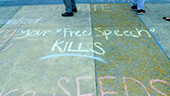 Still image of Sidewalk graffiti, 'Your free speech kills.'
